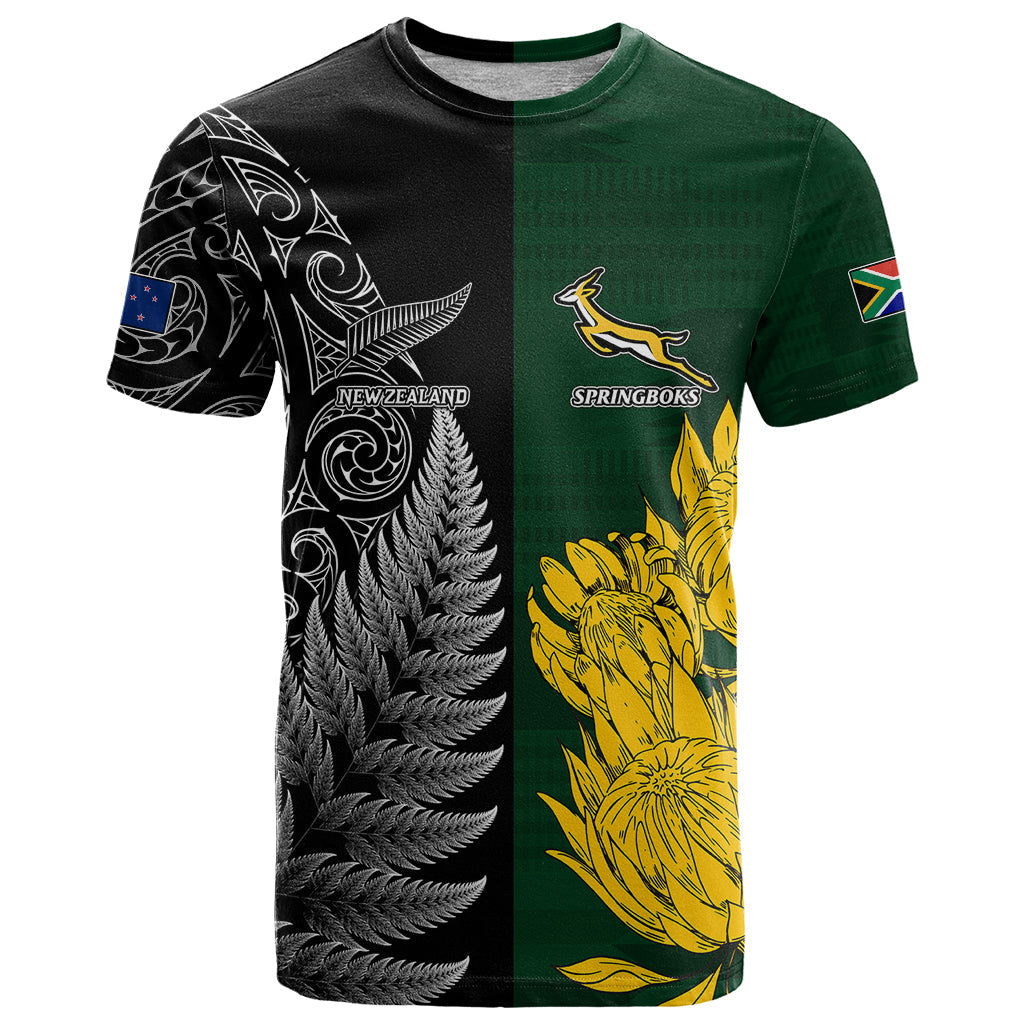Personalised New Zealand Mix South Africa Rugby T Shirt Protea Vs. Silver Ferns