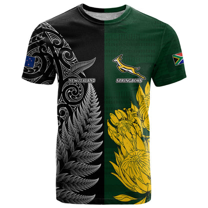 Personalised New Zealand Mix South Africa Rugby T Shirt Protea Vs. Silver Ferns