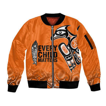 Canada Indigenous Sleeve Zip Bomber Jacket Aboriginal Bird Art - Every Child Matters