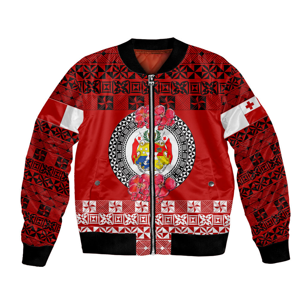 (Custom Personalised) Tonga Emancipation Day Bomber Jacket Independence Day Simple Ngatu Heilala Flower Red