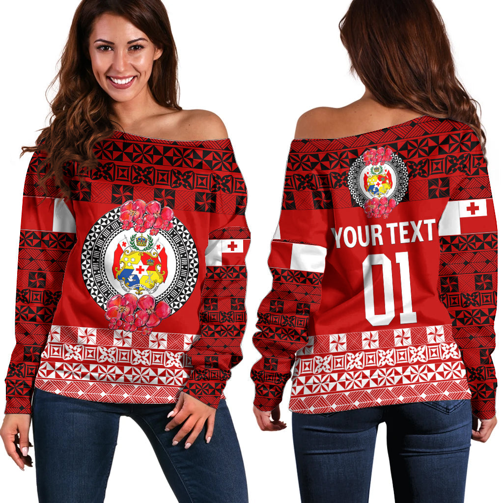 (Custom Personalised) Tonga Emancipation Day Off Shoulder Sweater Independence Day Simple Ngatu Heilala Flower Red