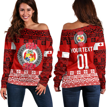 (Custom Personalised) Tonga Emancipation Day Off Shoulder Sweater Independence Day Simple Ngatu Heilala Flower Red