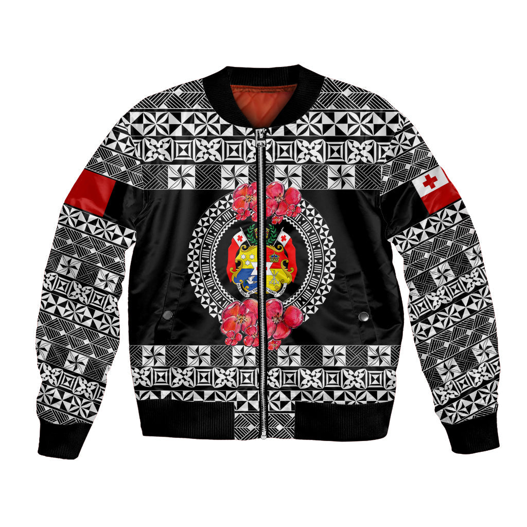 (Custom Personalised) Tonga Emancipation Day Bomber Jacket Independence Day Simple Ngatu Heilala Flower Black