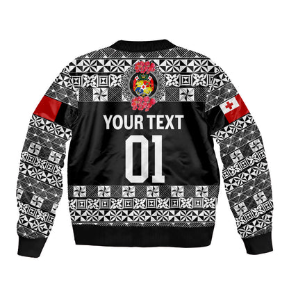 (Custom Personalised) Tonga Emancipation Day Bomber Jacket Independence Day Simple Ngatu Heilala Flower Black