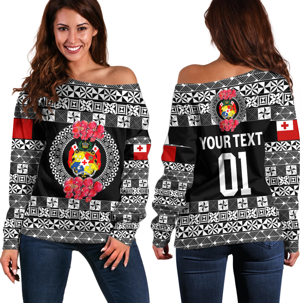 (Custom Personalised) Tonga Emancipation Day Off Shoulder Sweater Independence Day Simple Ngatu Heilala Flower Black