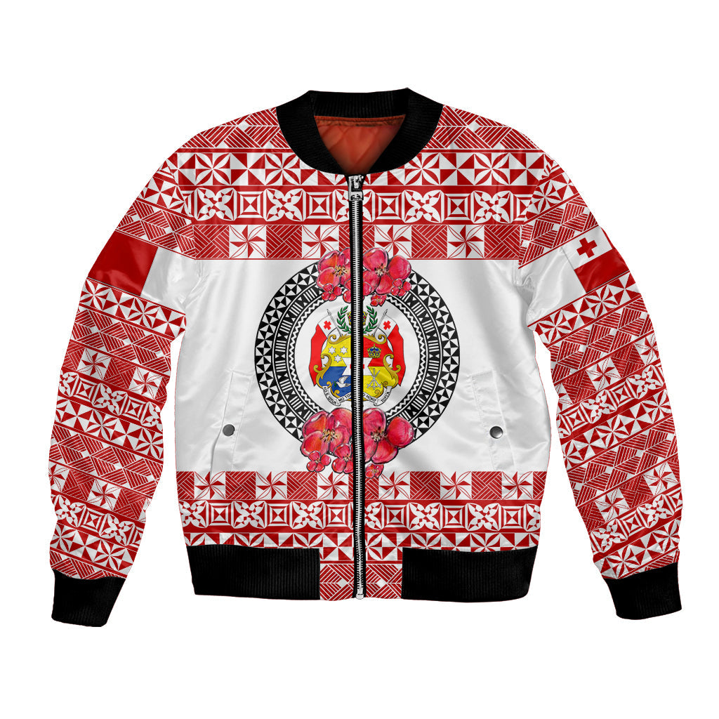 (Custom Personalised) Tonga Emancipation Day Bomber Jacket Independence Day Simple Ngatu Heilala Flower White Red
