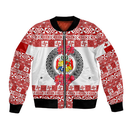 (Custom Personalised) Tonga Emancipation Day Bomber Jacket Independence Day Simple Ngatu Heilala Flower White Red