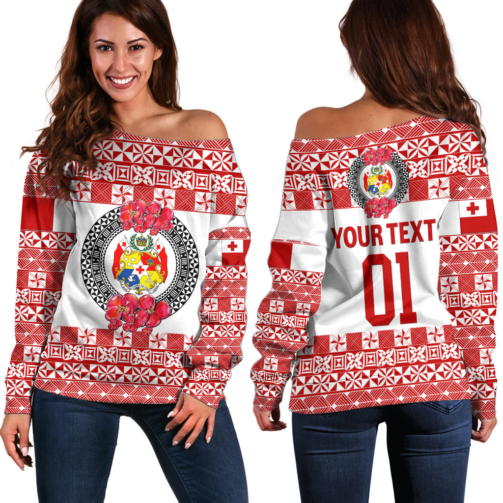 (Custom Personalised) Tonga Emancipation Day Off Shoulder Sweater Independence Day Simple Ngatu Heilala Flower White Red