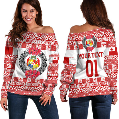(Custom Personalised) Tonga Emancipation Day Off Shoulder Sweater Independence Day Simple Ngatu Heilala Flower White Red