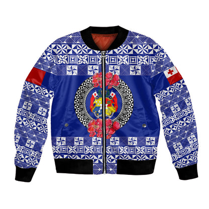 (Custom Personalised) Tonga Emancipation Day Bomber Jacket Independence Day Simple Ngatu Heilala Flower Blue