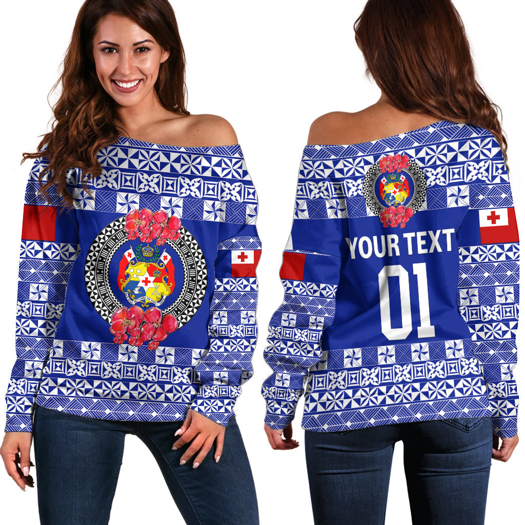 (Custom Personalised) Tonga Emancipation Day Off Shoulder Sweater Independence Day Simple Ngatu Heilala Flower Blue