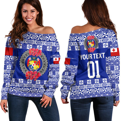 (Custom Personalised) Tonga Emancipation Day Off Shoulder Sweater Independence Day Simple Ngatu Heilala Flower Blue