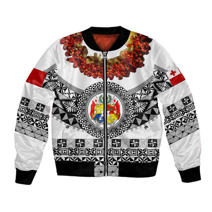 (Custom Personalised) Tonga Emancipation Day Bomber Jacket Independence Day Fancy Kahoa Heilala Flower White Black