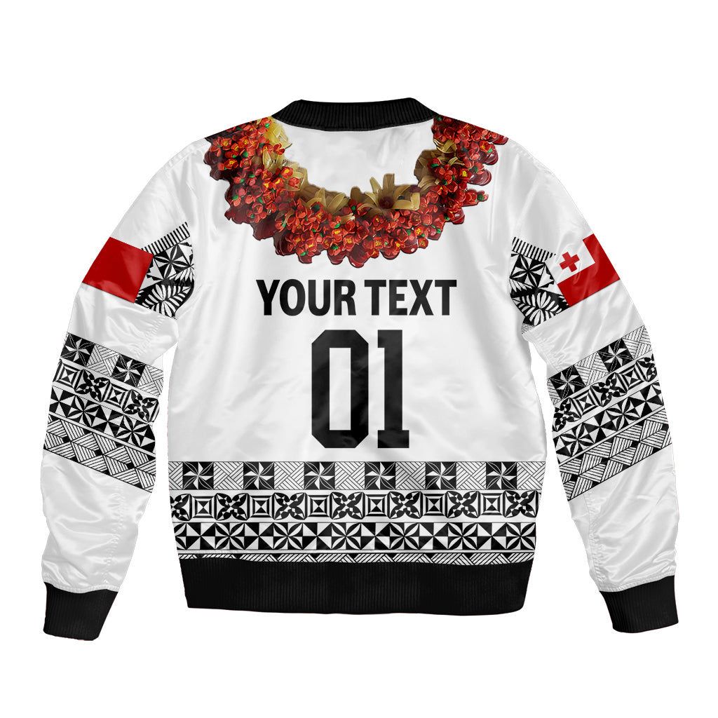 (Custom Personalised) Tonga Emancipation Day Bomber Jacket Independence Day Fancy Kahoa Heilala Flower White Black