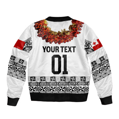 (Custom Personalised) Tonga Emancipation Day Bomber Jacket Independence Day Fancy Kahoa Heilala Flower White Black