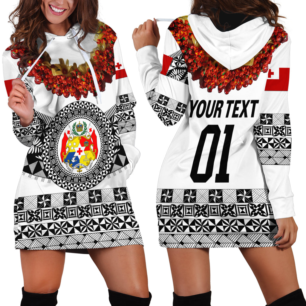 Custom Personalised Tonga Emancipation Day Hoodie Dress Independence Day Fancy Kahoa Heilala Flower White Black