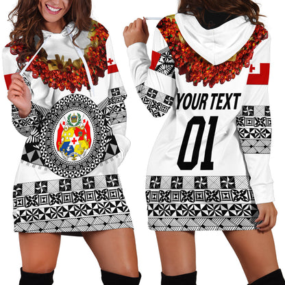 Custom Personalised Tonga Emancipation Day Hoodie Dress Independence Day Fancy Kahoa Heilala Flower White Black