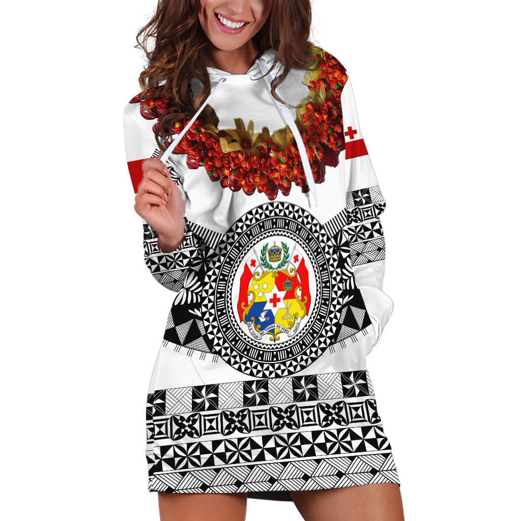 Custom Personalised Tonga Emancipation Day Hoodie Dress Independence Day Fancy Kahoa Heilala Flower White Black