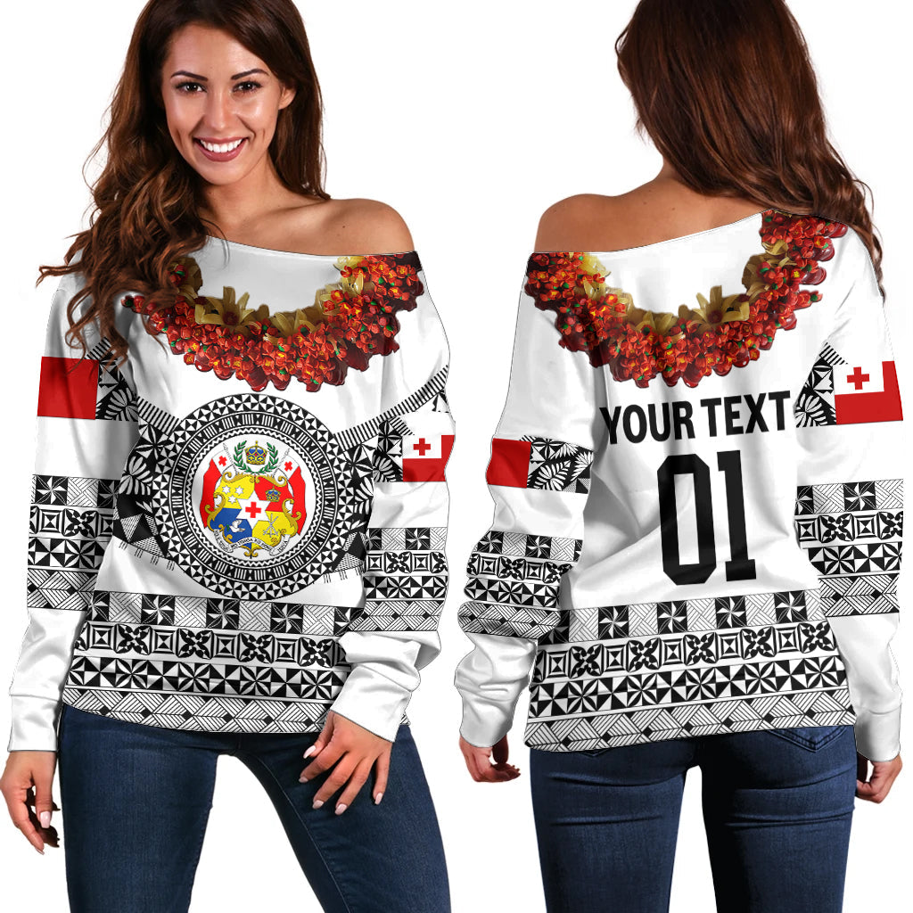 (Custom Personalised) Tonga Emancipation Day Off Shoulder Sweater Independence Day Fancy Kahoa Heilala Flower White Black