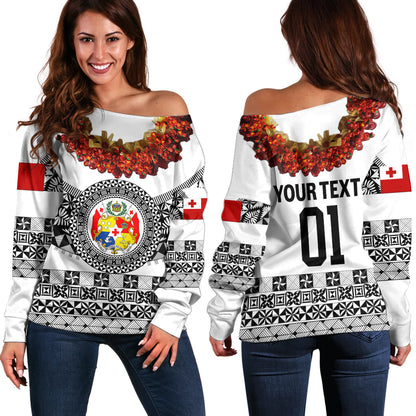 (Custom Personalised) Tonga Emancipation Day Off Shoulder Sweater Independence Day Fancy Kahoa Heilala Flower White Black