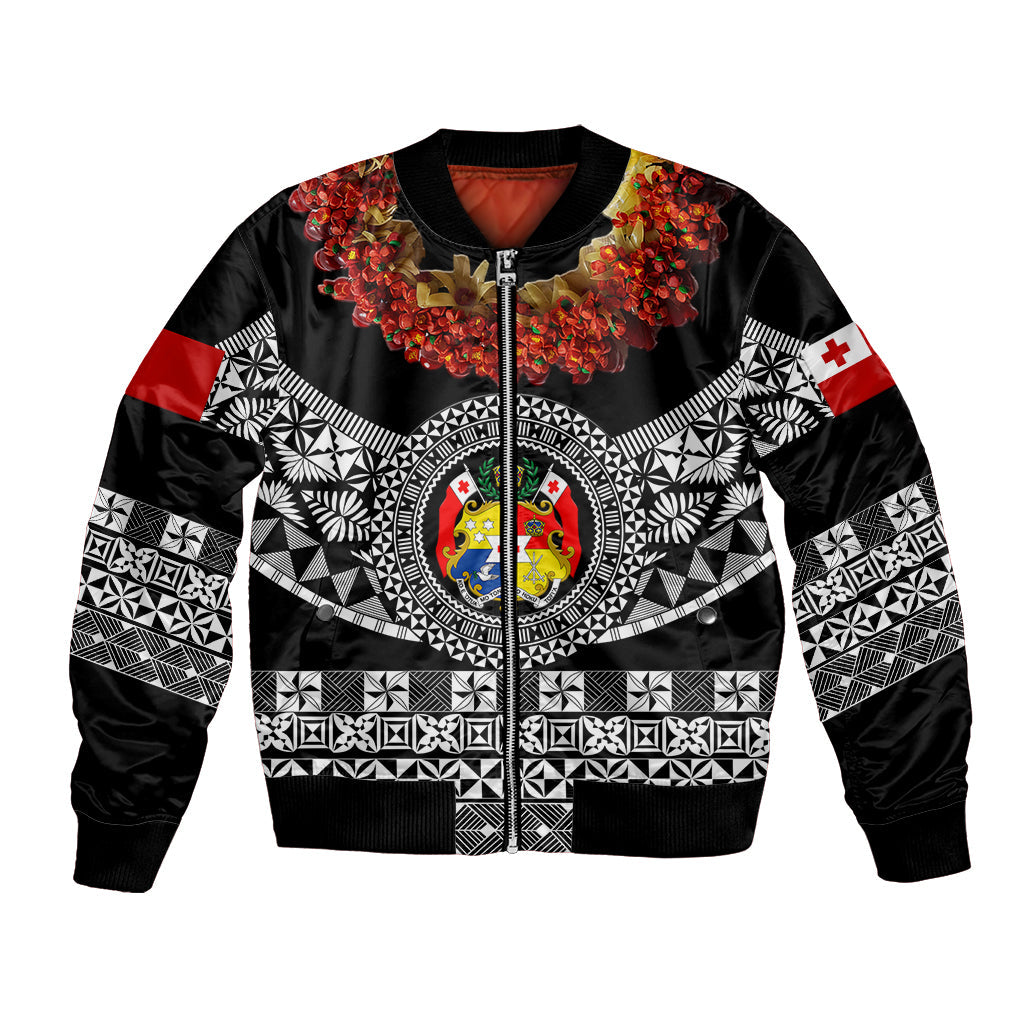 (Custom Personalised) Tonga Emancipation Day Bomber Jacket Independence Day Fancy Kahoa Heilala Flower Black