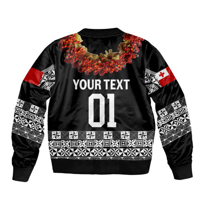 (Custom Personalised) Tonga Emancipation Day Bomber Jacket Independence Day Fancy Kahoa Heilala Flower Black