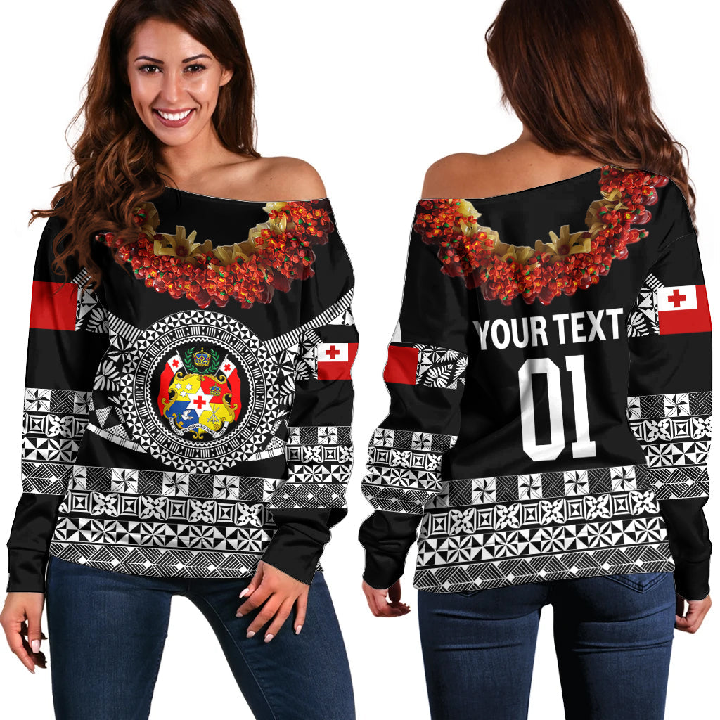 (Custom Personalised) Tonga Emancipation Day Off Shoulder Sweater Independence Day Fancy Kahoa Heilala Flower Black