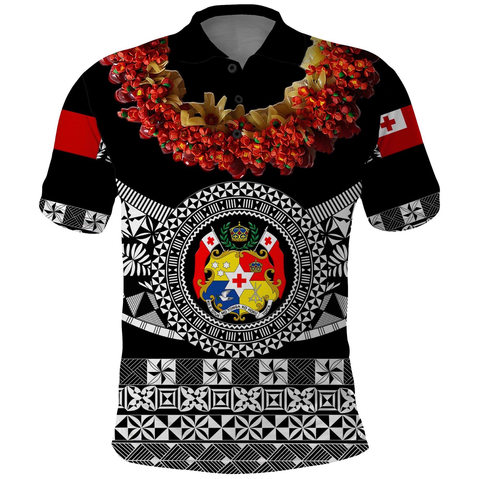 Custom Personalised Tonga Emancipation Day Polo Shirt Independence Day - Fancy Kahoa Heilala Flower - Black