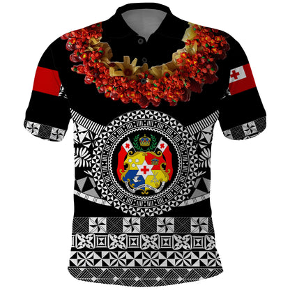 Custom Personalised Tonga Emancipation Day Polo Shirt Independence Day - Fancy Kahoa Heilala Flower - Black