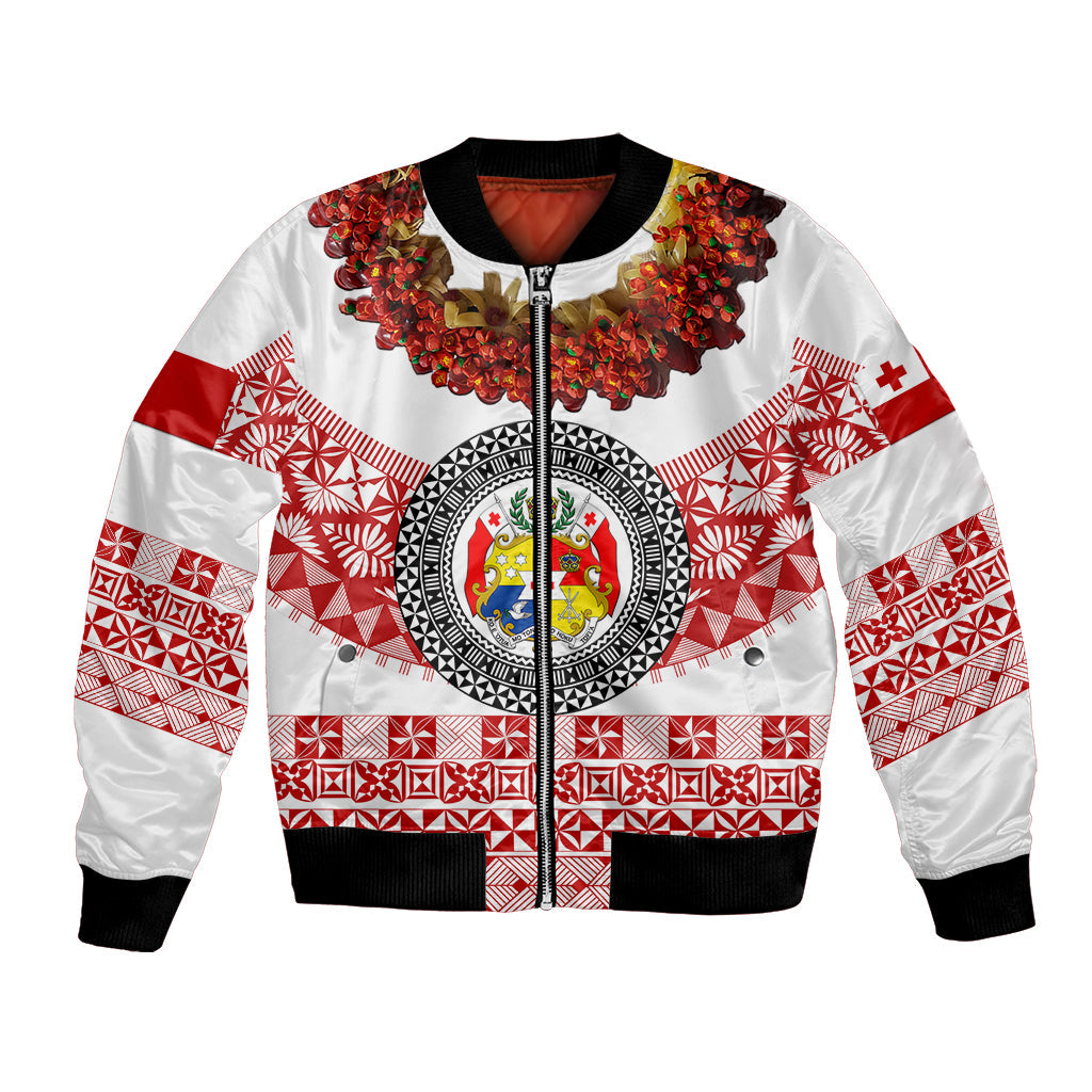 (Custom Personalised) Tonga Emancipation Day Bomber Jacket Independence Day Fancy Kahoa Heilala Flower White Red