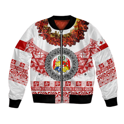 (Custom Personalised) Tonga Emancipation Day Bomber Jacket Independence Day Fancy Kahoa Heilala Flower White Red