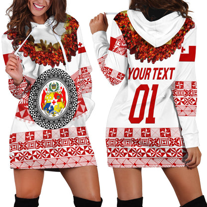 Custom Personalised Tonga Emancipation Day Hoodie Dress Independence Day Fancy Kahoa Heilala Flower White Red