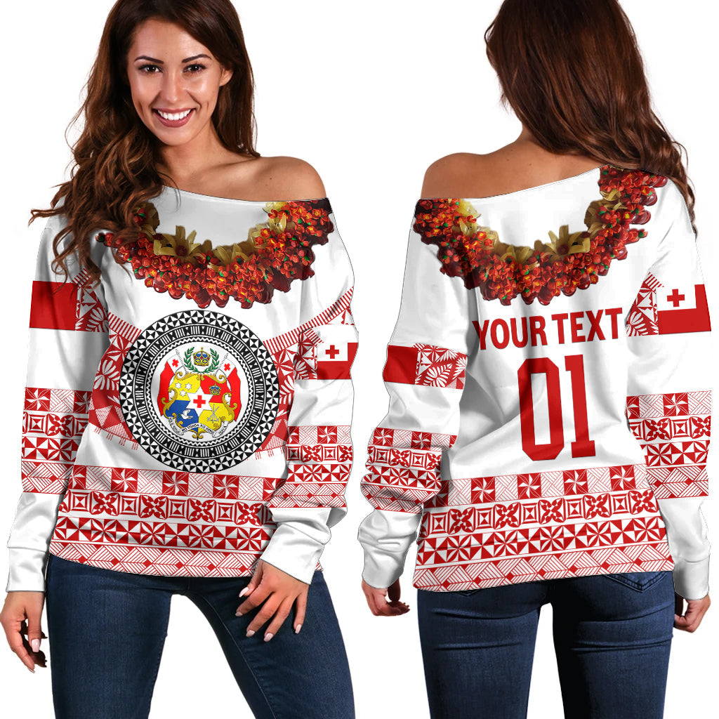 (Custom Personalised) Tonga Emancipation Day Off Shoulder Sweater Independence Day Fancy Kahoa Heilala Flower White Red