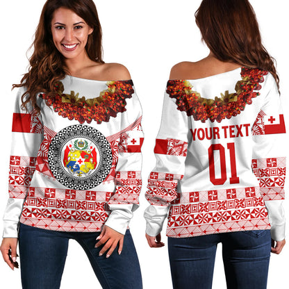 (Custom Personalised) Tonga Emancipation Day Off Shoulder Sweater Independence Day Fancy Kahoa Heilala Flower White Red