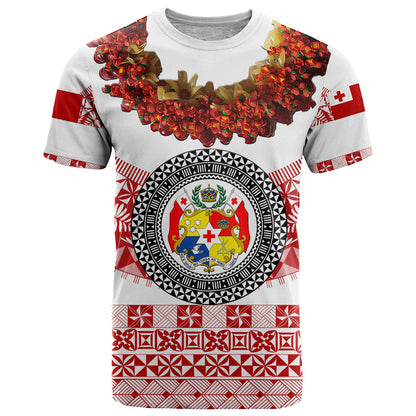Custom Personalised Tonga Emancipation Day T Shirt Independence Day - Fancy Kahoa Heilala Flower - White Red
