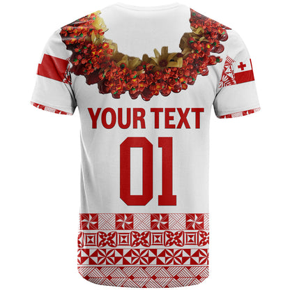 Custom Personalised Tonga Emancipation Day T Shirt Independence Day - Fancy Kahoa Heilala Flower - White Red