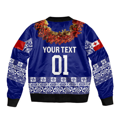 (Custom Personalised) Tonga Emancipation Day Bomber Jacket Independence Day Fancy Kahoa Heilala Flower Blue