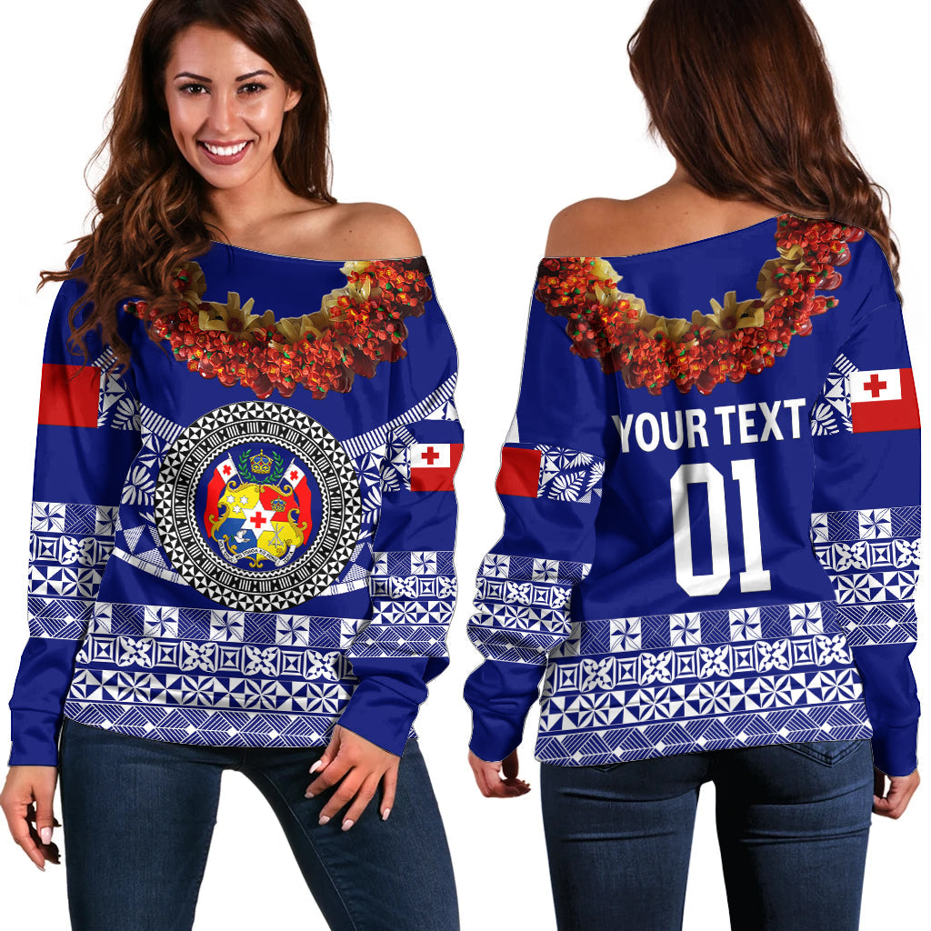 (Custom Personalised) Tonga Emancipation Day Off Shoulder Sweater Independence Day Fancy Kahoa Heilala Flower Blue