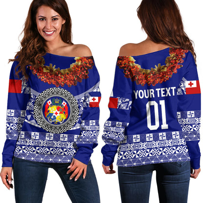 (Custom Personalised) Tonga Emancipation Day Off Shoulder Sweater Independence Day Fancy Kahoa Heilala Flower Blue
