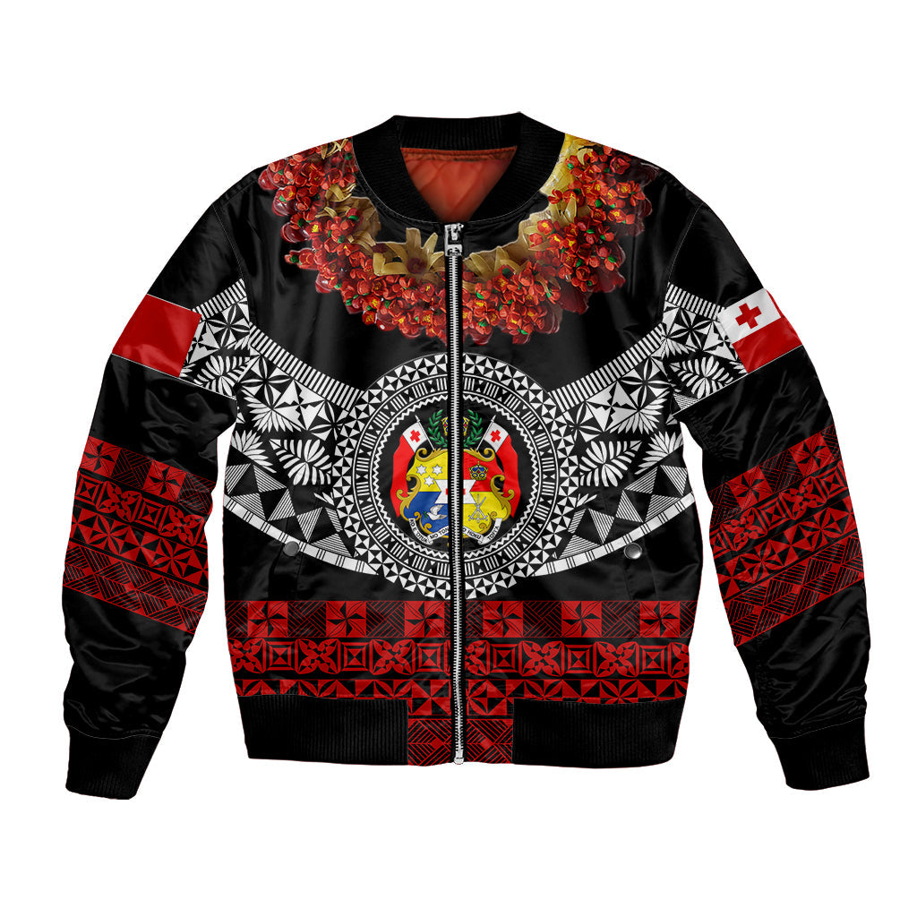 (Custom Personalised) Tonga Emancipation Day Bomber Jacket Independence Day Fancy Kahoa Heilala Flower Black Red