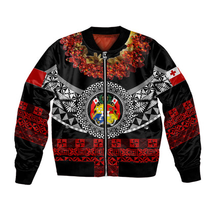 (Custom Personalised) Tonga Emancipation Day Bomber Jacket Independence Day Fancy Kahoa Heilala Flower Black Red
