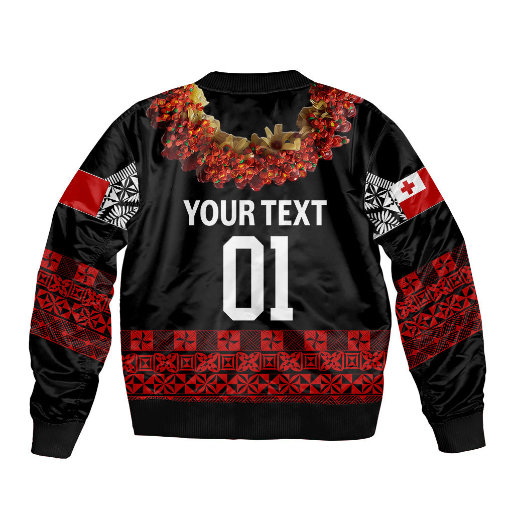 (Custom Personalised) Tonga Emancipation Day Bomber Jacket Independence Day Fancy Kahoa Heilala Flower Black Red