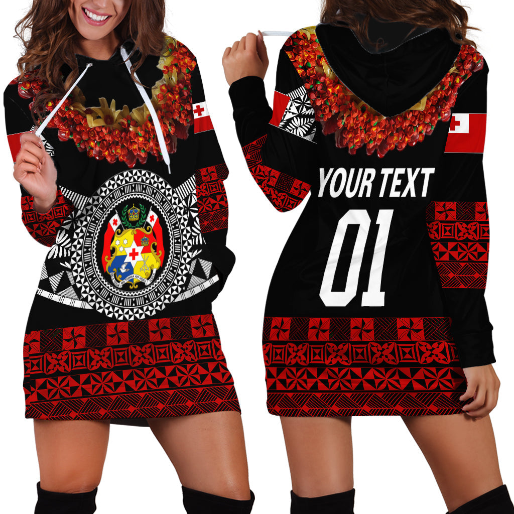 Custom Personalised Tonga Emancipation Day Hoodie Dress Independence Day Fancy Kahoa Heilala Flower Black Red