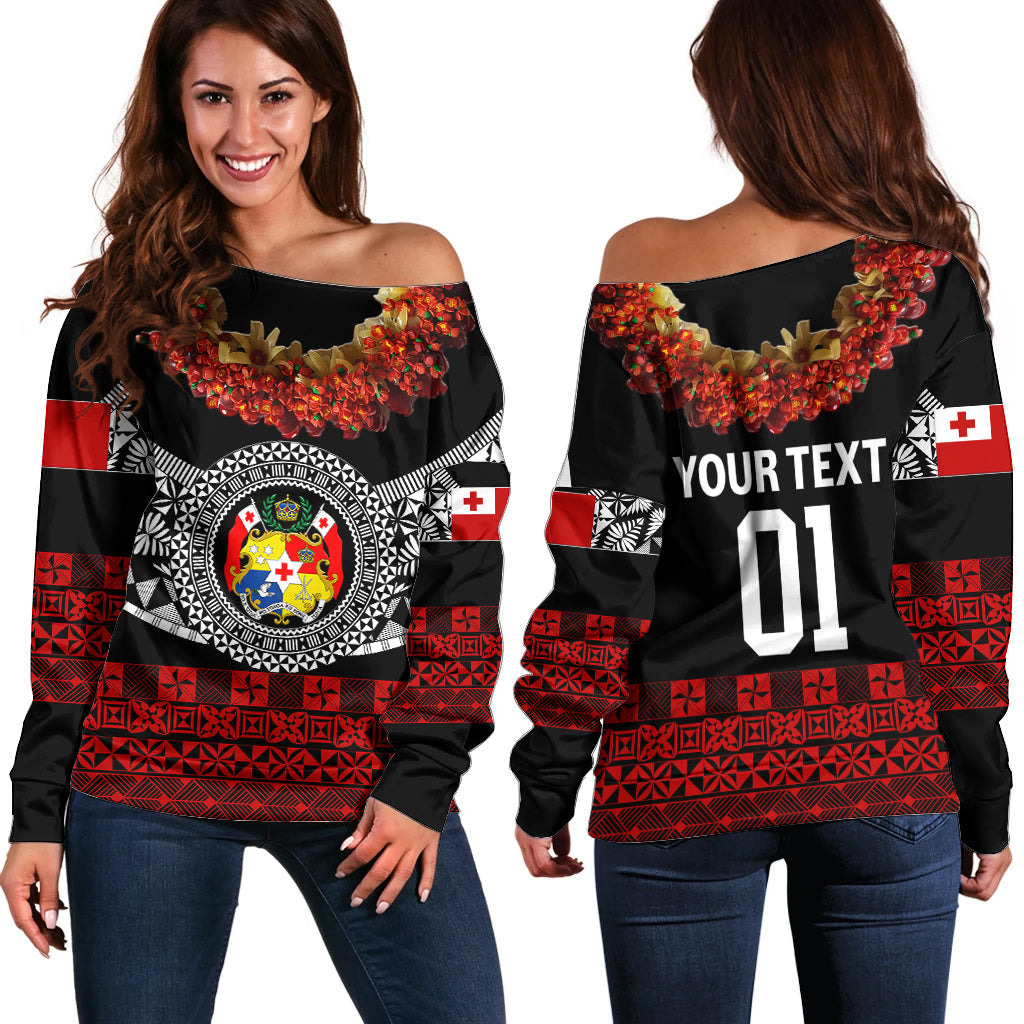 (Custom Personalised) Tonga Emancipation Day Off Shoulder Sweater Independence Day Fancy Kahoa Heilala Flower Black Red