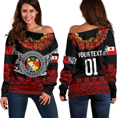 (Custom Personalised) Tonga Emancipation Day Off Shoulder Sweater Independence Day Fancy Kahoa Heilala Flower Black Red