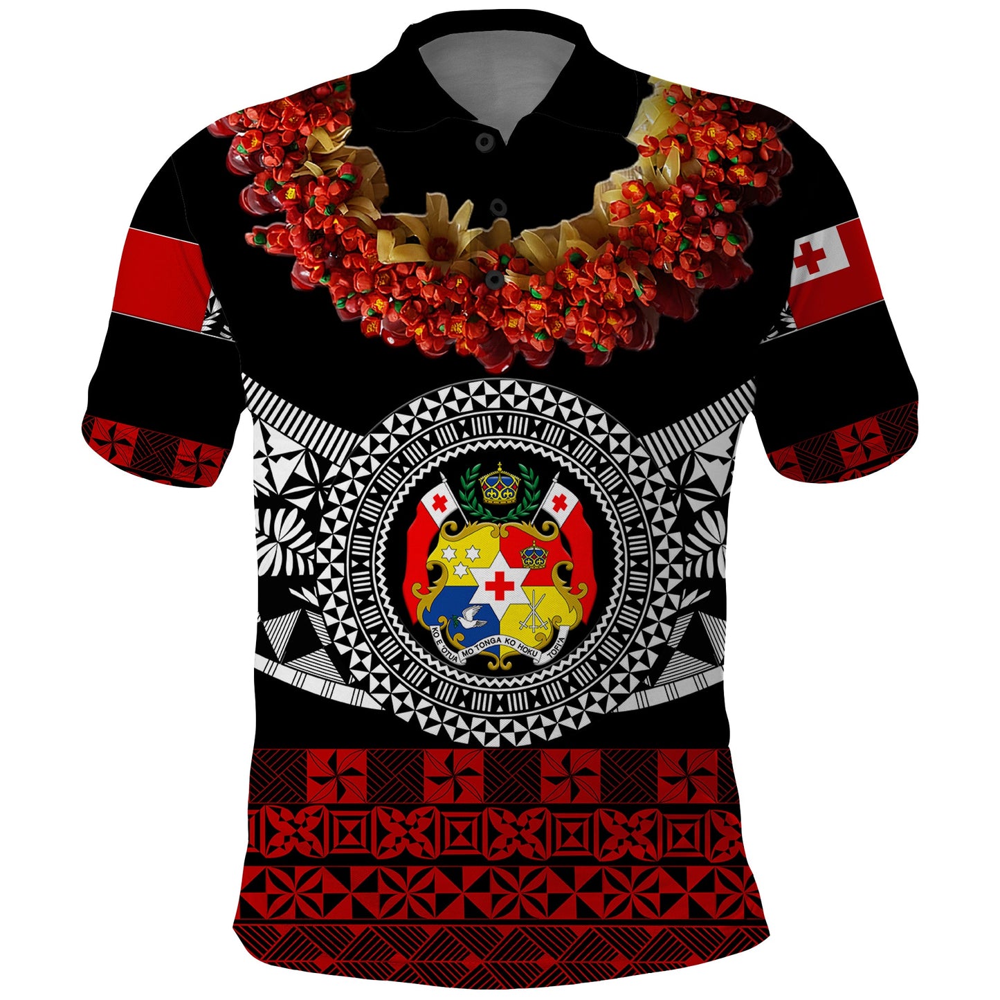 Custom Personalised Tonga Emancipation Day Polo Shirt Independence Day - Fancy Kahoa Heilala Flower - Black Red