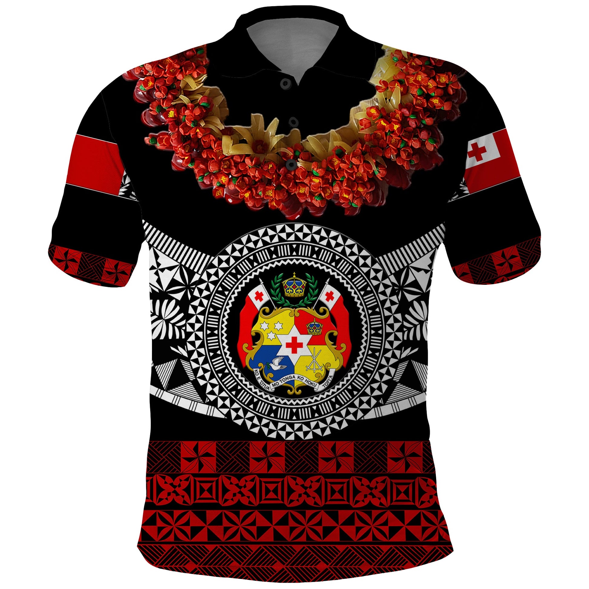 Custom Personalised Tonga Emancipation Day Polo Shirt Independence Day - Fancy Kahoa Heilala Flower - Black Red