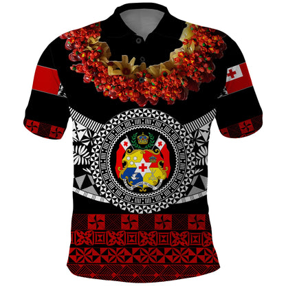 Custom Personalised Tonga Emancipation Day Polo Shirt Independence Day - Fancy Kahoa Heilala Flower - Black Red