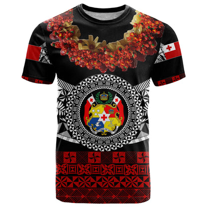 Custom Personalised Tonga Emancipation Day T Shirt Independence Day - Fancy Kahoa Heilala Flower - Black Red