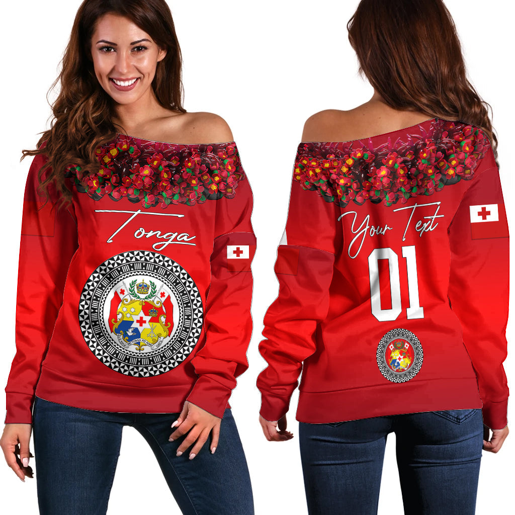 (Custom Personalised) Tonga Emancipation Day Off Shoulder Sweater Independence Day Unique Kahoa Heilala Flower Red